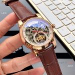 Clone Patek Philippe Skeleton Watches Rose Gold Brown Leather Strap
